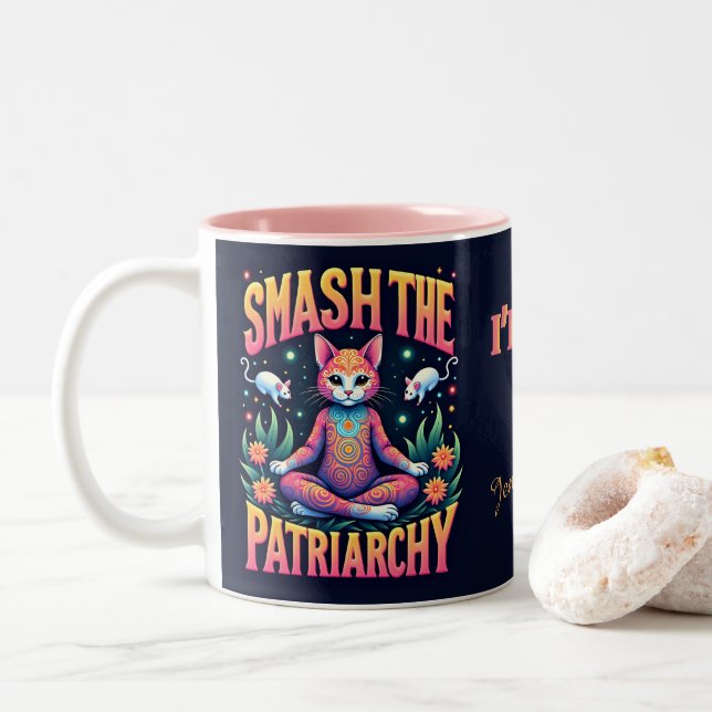 Psychedelic Feminist Kitty Personalised Two-Tone Coffee Mug (With Donut)