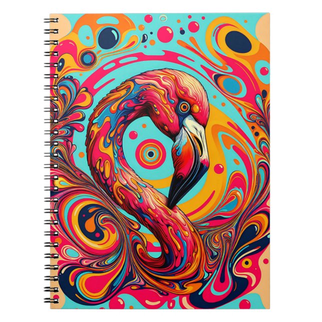 Psychedelic Flamingo Flow – Retro Colour Art Notebook (Front)