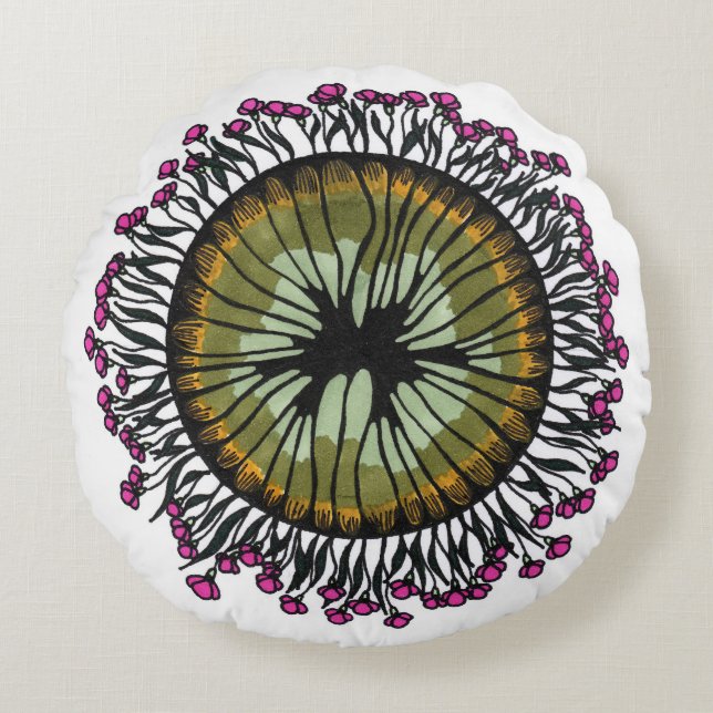 Psychedelic Floral Mandala Eye Round Pillow | Flor (Front)