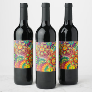 Psychedelic Floral Pattern Wine Label