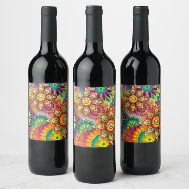 Psychedelic Floral Pattern  Wine Label (Bottles)