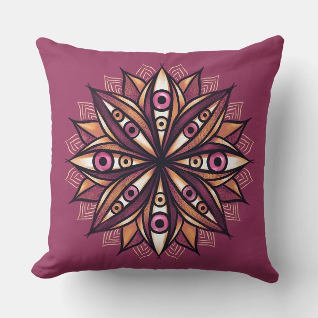 Psychedelic Flower Art with Trippy Creepy Eyes Cushion (Front)