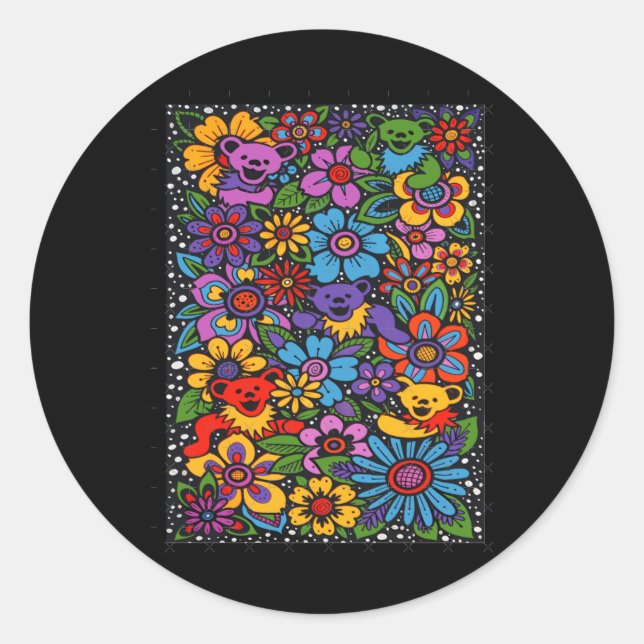 Psychedelic Flowers Dancing Bears Coloured Gratefu Classic Round Sticker (Front)