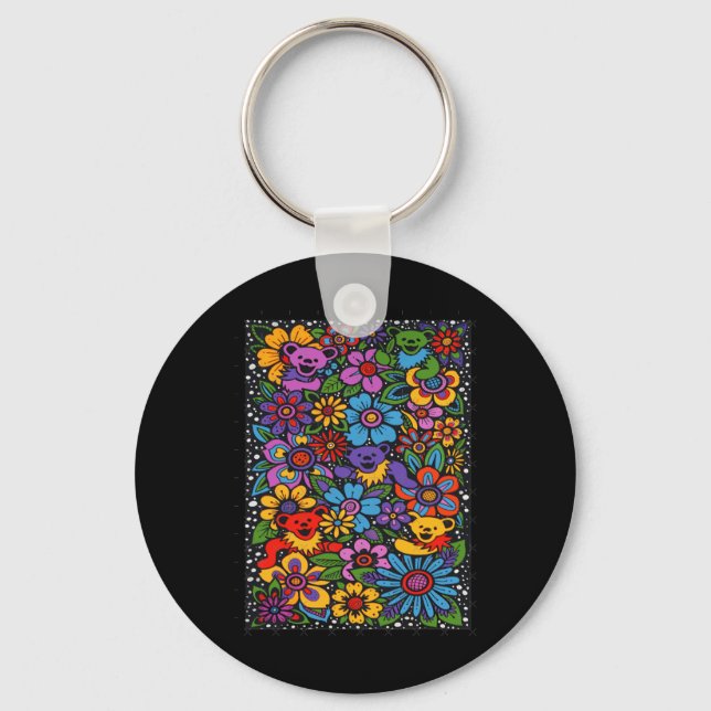 Psychedelic Flowers Dancing Bears Coloured Gratefu Key Ring (Front)