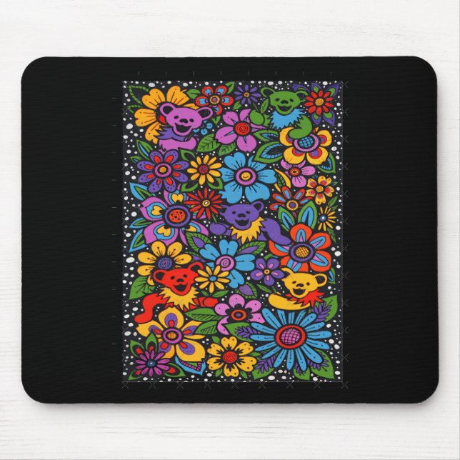 Psychedelic Flowers Dancing Bears Coloured Gratefu Mouse Pad (Front)