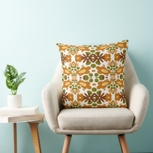 Psychedelic Flowers & Heart Brown Green White Cushion