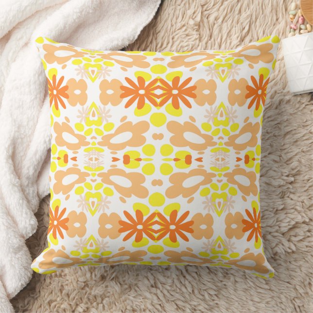 Psychedelic Flowers & Heart Orange Yellow White Cushion (Blanket)