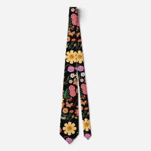 Psychedelic Flowers Pattern x4 Black BG Tie