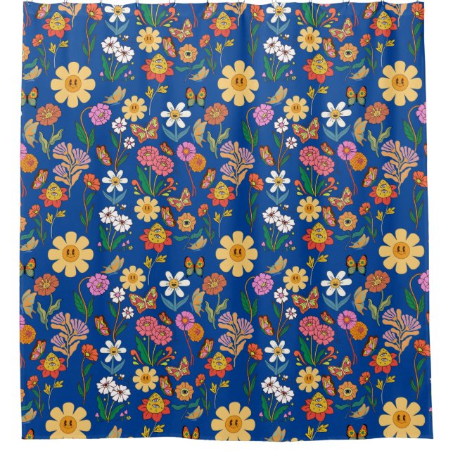 Psychedelic Flowers Pattern x4 Blue BG Shower Curtain (Front)