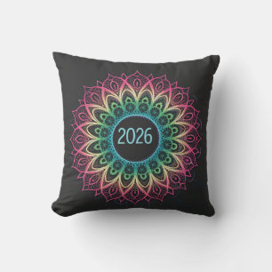 Psychedelic Fractal Mandala 2026 Design with Neon  Cushion