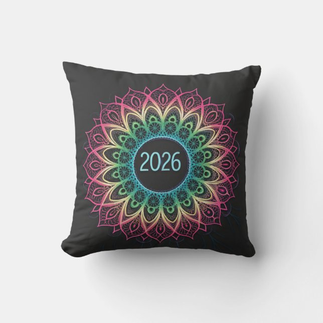 Psychedelic Fractal Mandala 2026 Design with Neon  Cushion (Front)
