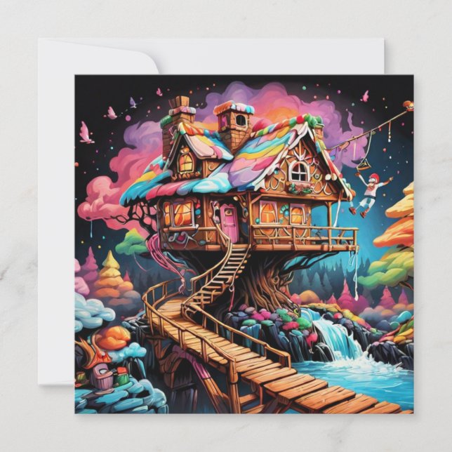 psychedelic gingerbread tree house christmas  holiday card (Front)