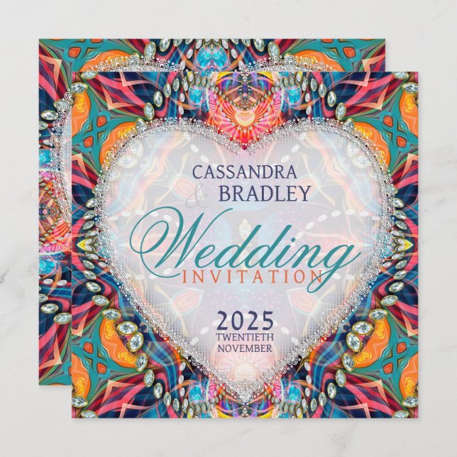 Psychedelic Glam Crystal Heart Wedding Invitations (Front/Back)
