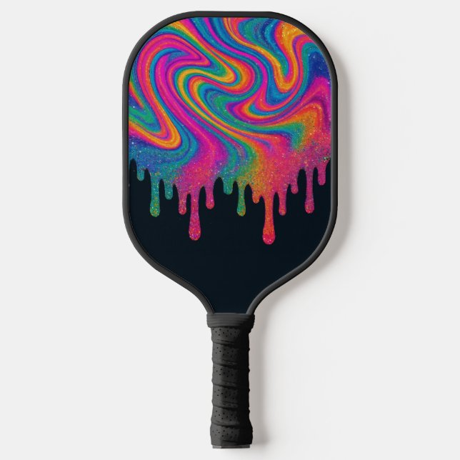 Psychedelic Glittery Neon Drip Pickleball Paddle (Front)