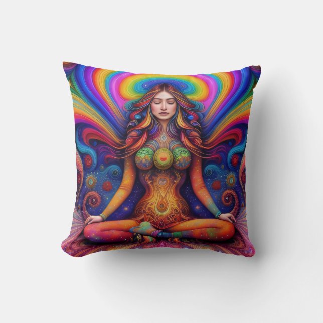 Psychedelic Goddess Rainbow Meditation Art Cushion (Front)