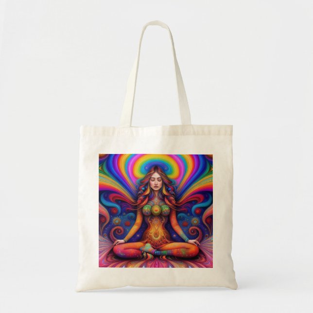 Psychedelic Goddess Rainbow Meditation Art Tote Bag (Front)