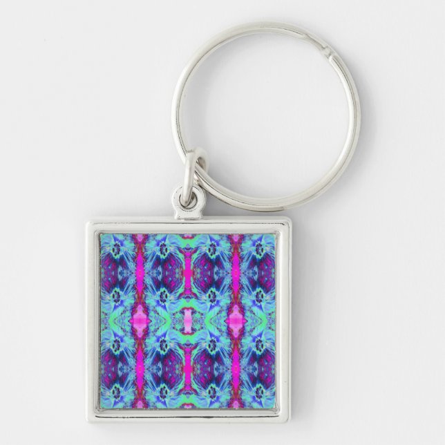 Psychedelic Green and Blue Hibiscus Pattern Key Ring (Front)