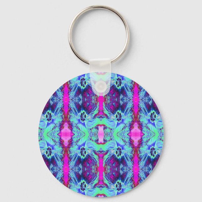 Psychedelic Green and Blue Hibiscus Pattern Key Ring (Front)