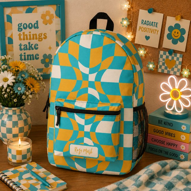 Psychedelic Groovy Chequerboard, Y2K 90s Printed Backpack (Creator Uploaded)