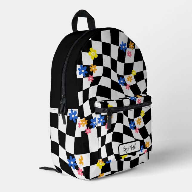 Psychedelic Groovy Daisy Chequerboard, Y2K 90s Printed Backpack (Back Corner Left)