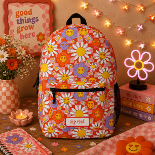Psychedelic Groovy Daisy Chequerboard, Y2K 90s Printed Backpack