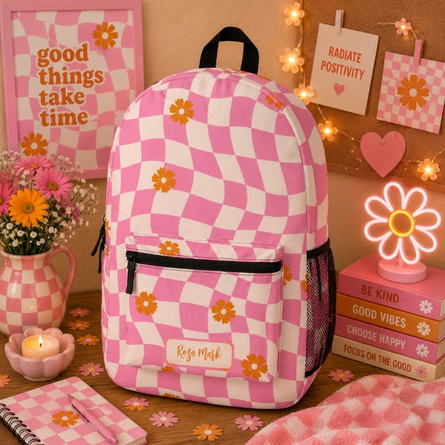 Psychedelic Groovy Daisy Chequerboard, Y2K 90s Printed Backpack (Creator Uploaded)