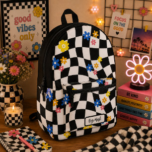 Psychedelic Groovy Daisy Chequerboard, Y2K 90s Printed Backpack