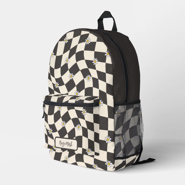 Psychedelic Groovy Daisy Chequerboard, Y2K 90s Printed Backpack (Back Corner Right)