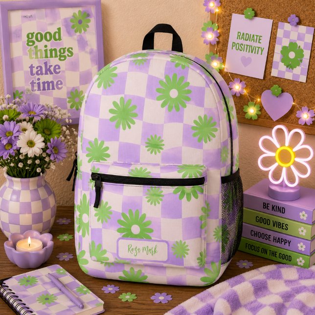 Psychedelic Groovy Daisy Floral Chequerboard Printed Backpack (Creator Uploaded)