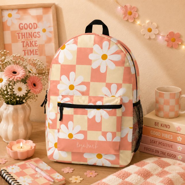 Psychedelic Groovy Daisy Floral Chequerboard  Printed Backpack (Creator Uploaded)