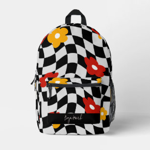 Psychedelic Groovy Floral Chequerboard, Y2K 90s Printed Backpack