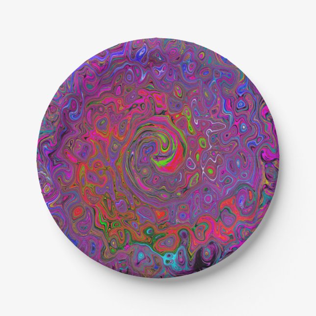 Psychedelic Groovy Magenta Retro Liquid Swirl Paper Plate (Front)