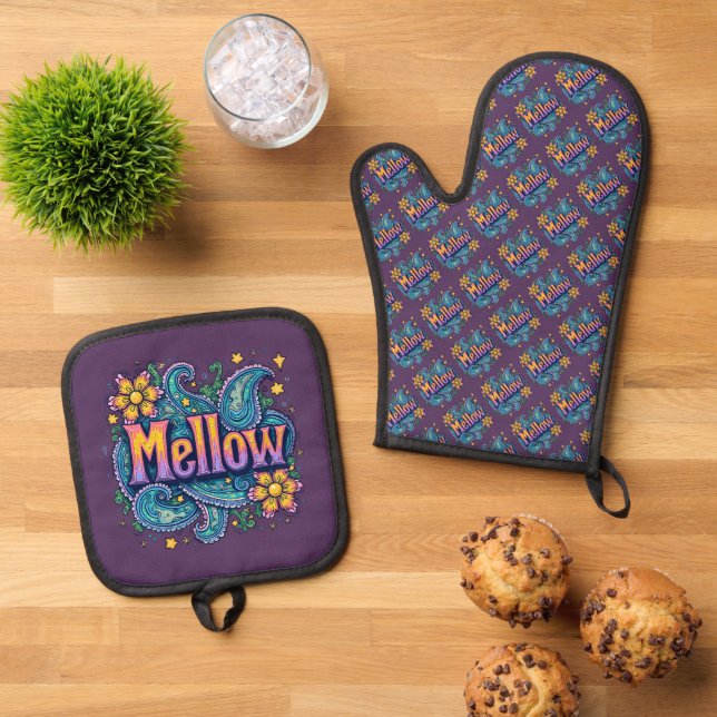Psychedelic Groovy "Mellow" Retro Hippie Art Oven Mitt & Pot Holder Set (Top Down)