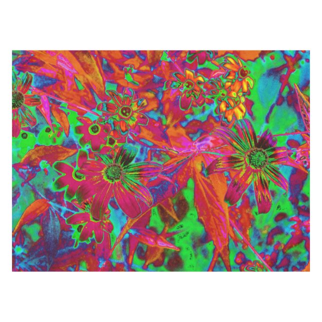 Psychedelic Groovy Red and Green Wildflowers Tablecloth (Front (Horizontal))