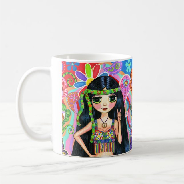Psychedelic Hippie Chick Peace Sign Cute 1960s Coffee Mug (Left)