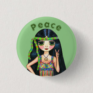 Psychedelic Hippie Chick Peace Sign Headband 1960s 3 Cm Round Badge