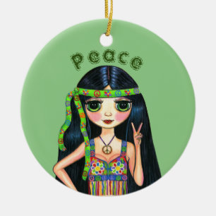 Psychedelic Hippie Chick Peace Sign Headband 1960s Ceramic Tree Decoration