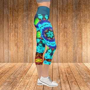 Psychedelic Hippie Flower Blue Orange and Green Le Capri Leggings