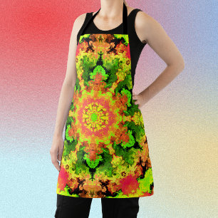 Psychedelic Hippie Flower Green Orange and Red Apron