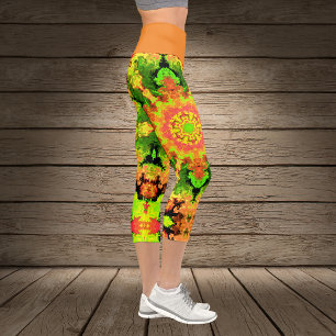 Psychedelic Hippie Flower Green Orange and Red Leg Capri Leggings