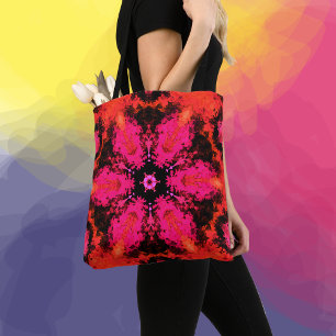 Psychedelic Hippie Flower Pink and Black Tote Bag