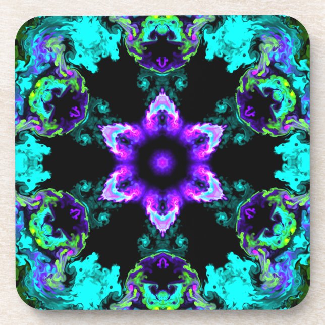 Psychedelic Hippie Flower Purple Teal and Black Coaster (Front)