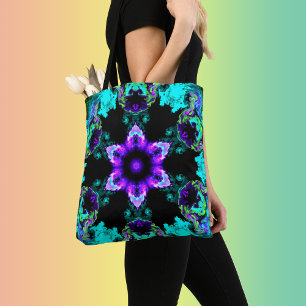 Psychedelic Hippie Flower Purple Teal and Black Tote Bag