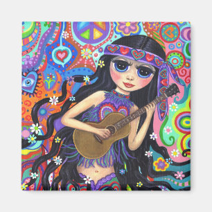 Psychedelic Hippie Mermaid Girl with Guitar Peace Magnet
