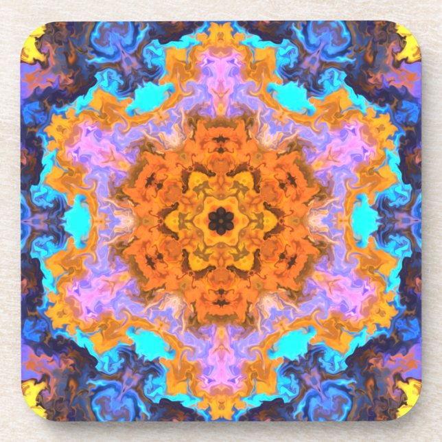 Psychedelic Hippie Orange Blue and Yellow Coaster (Front)