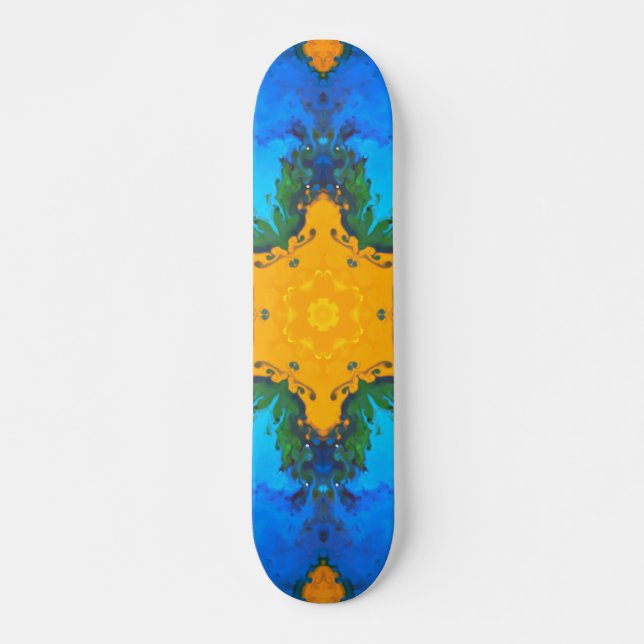 Psychedelic Hippie Yellow and Blue Skateboard (Front)