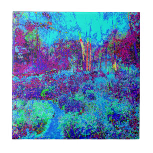 Psychedelic Impressionistic Blue Garden Landscape Tile