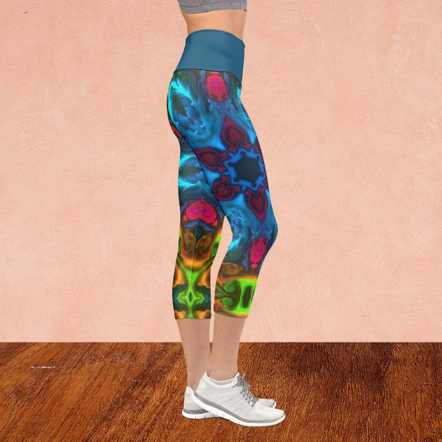 Psychedelic Kaleidoscope Blue Pink and Green Leggi Capri Leggings (Creator Uploaded)