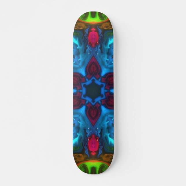 Psychedelic Kaleidoscope Blue Pink and Green Skateboard (Front)