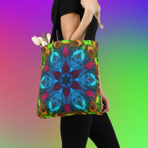 Psychedelic Kaleidoscope Blue Pink and Green Tote Bag